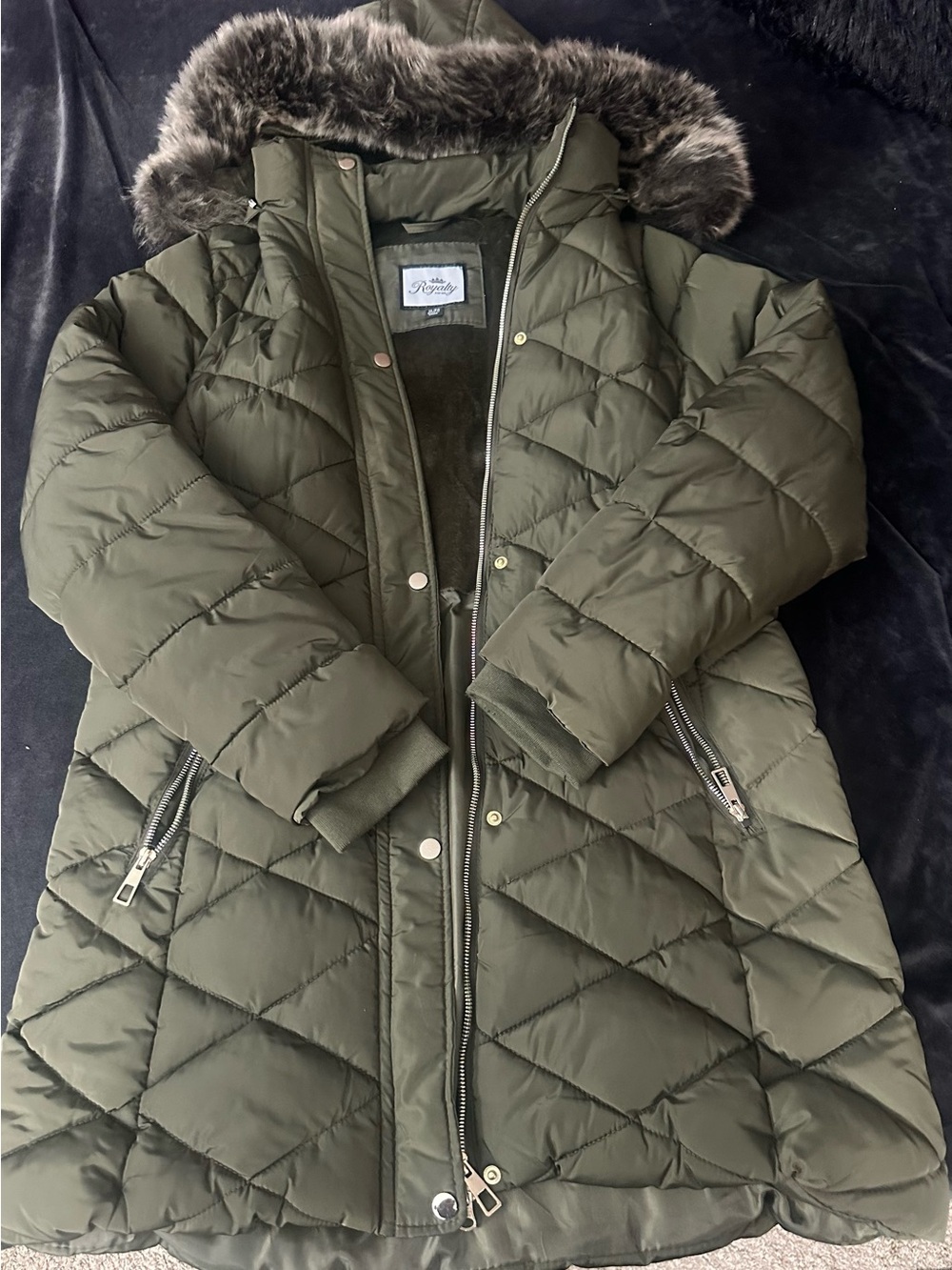 Royalty For Me Olive Green Quilted Puffer Coat with Faux Fur Hood